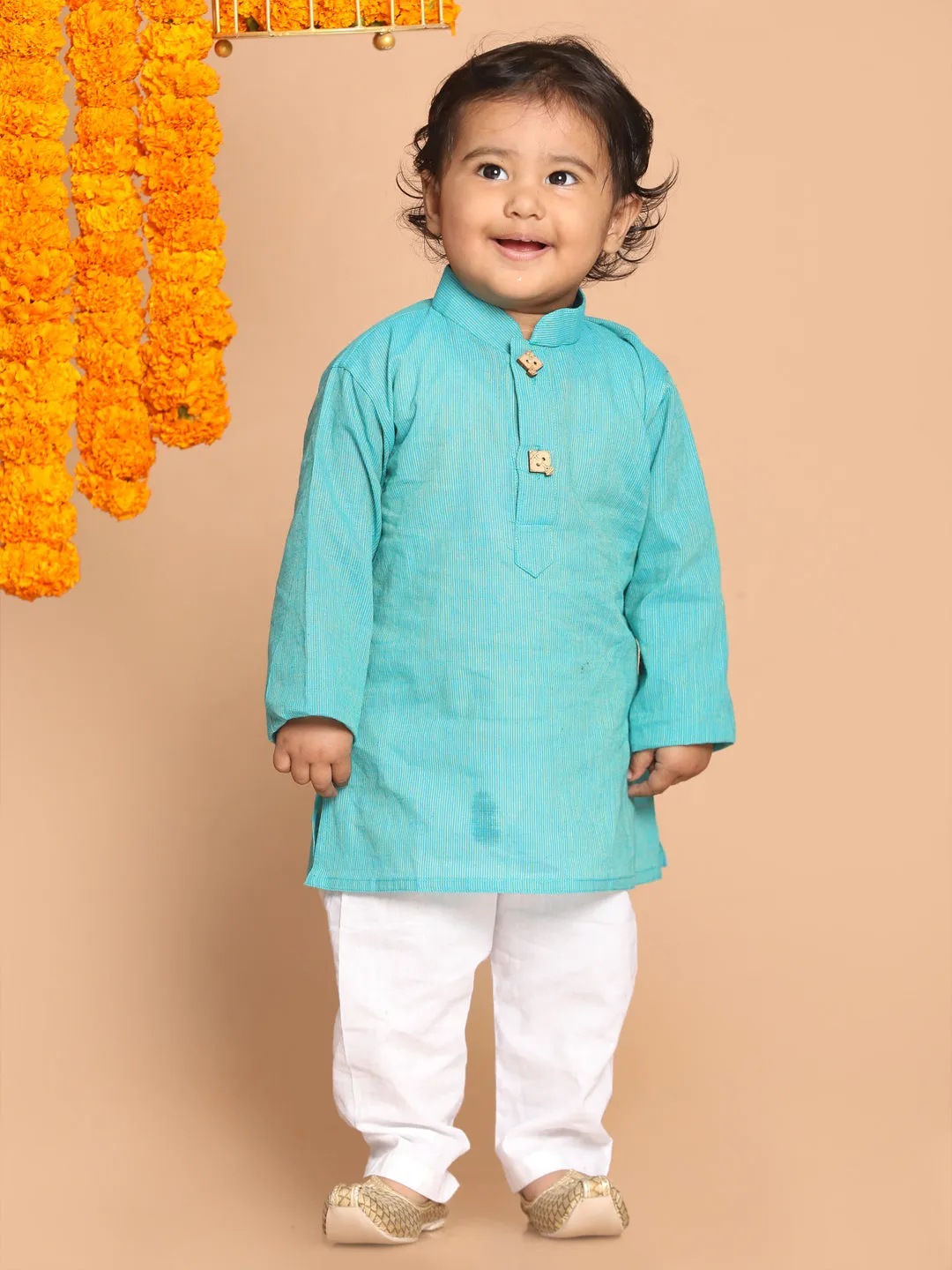 VASTRAMAY Boy's Blue Pure Cotton Kurta With White Pyjama Set