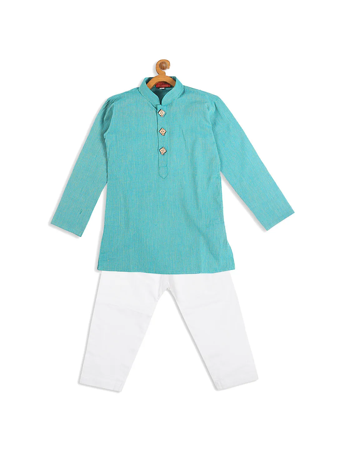 VASTRAMAY Boy's Blue Pure Cotton Kurta With White Pyjama Set