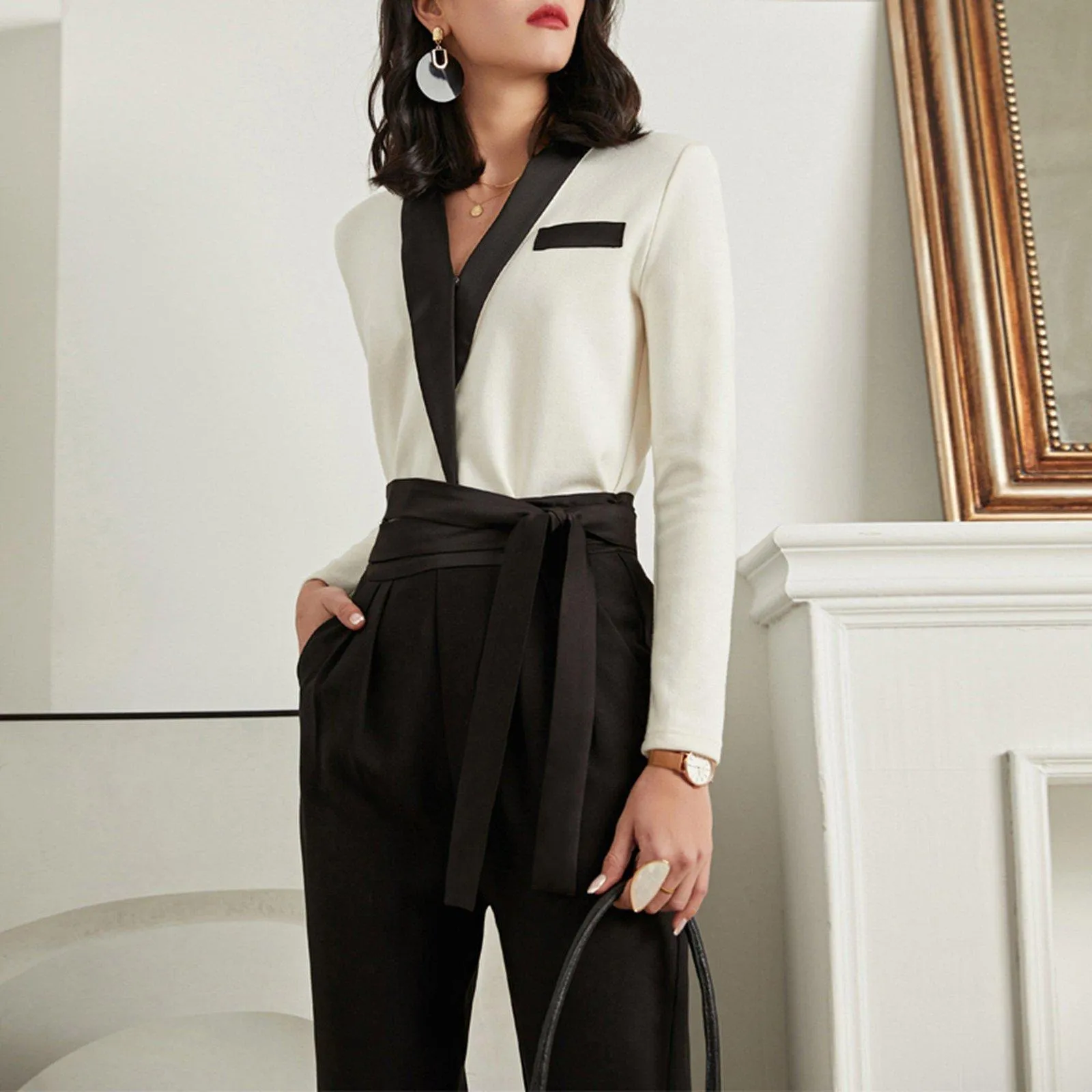 Women Contrast Suit Trousers Set,2 piece sets,long sleeve Blazer Pants Set,White Blazer high waist pants,Office Lady suit,Wedding Guest Suit